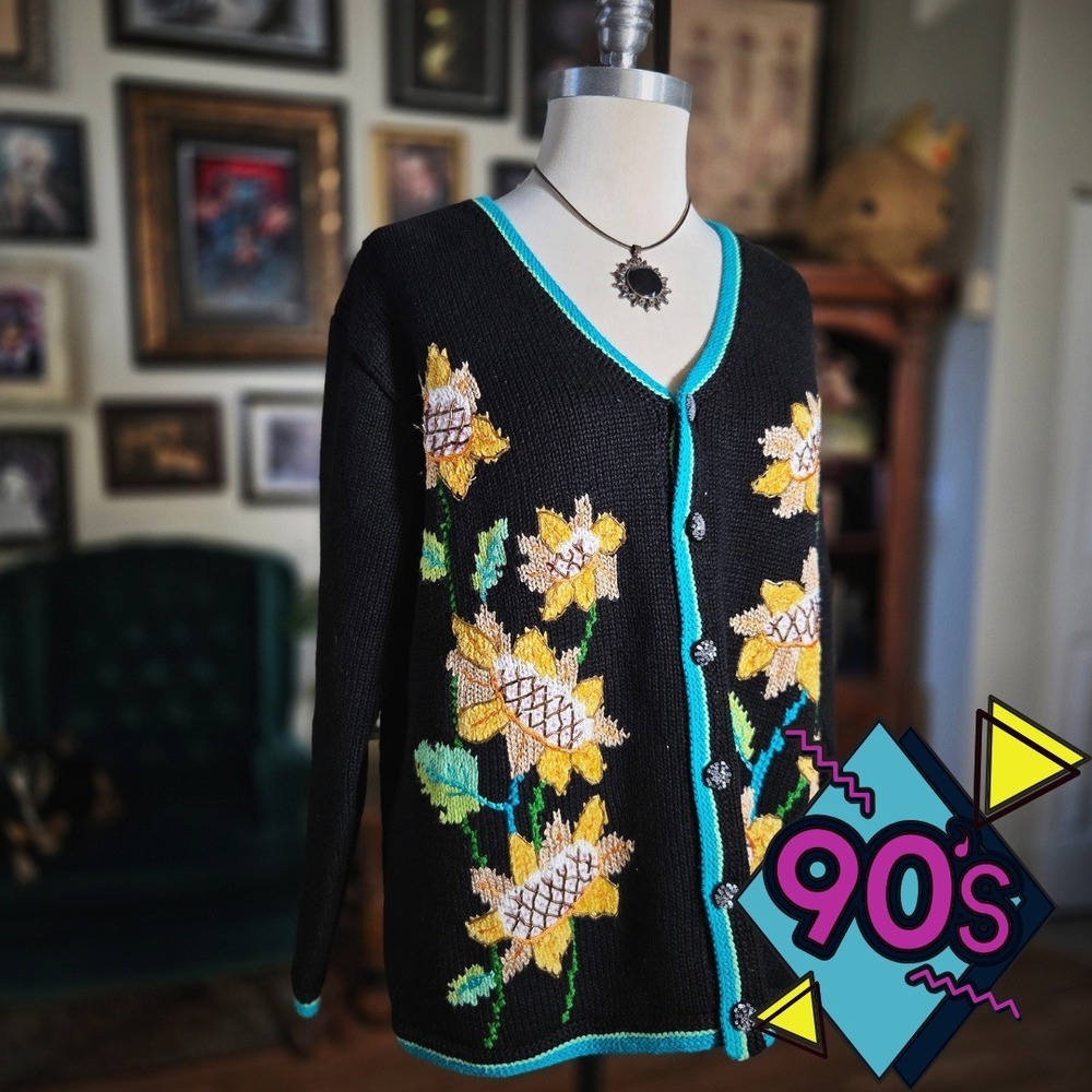 Vintage 90s Storybook Knits Black Sunflower Embroidered Cardigan Sweater‎